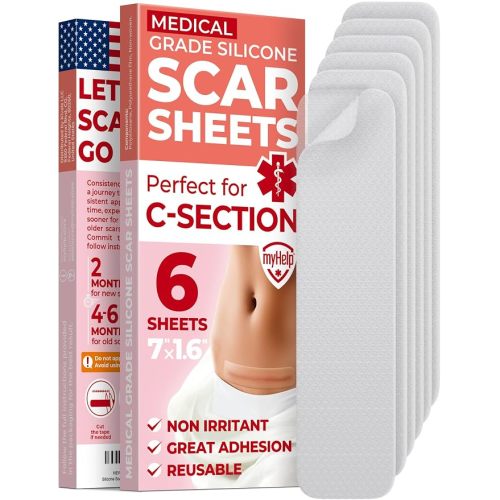 Medical Grade Silicone Scar Sheets - Transparent - 6pk (7”x1.6”) - Visible Difference on C-Section Scars - Reusable Silicone Sheets for Scars - Easy to Use C Section Scar Silicone Strips