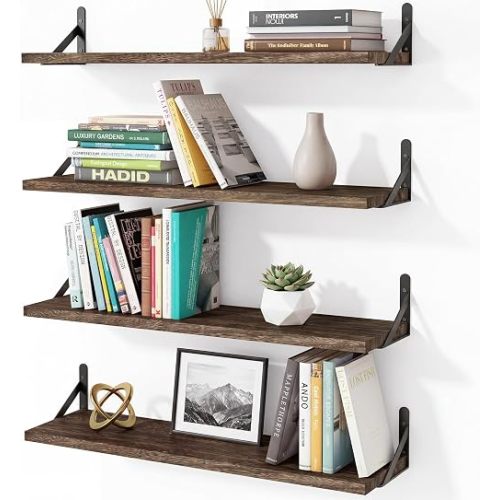 YGEOMER 23.6in Floating Shelves for Wall Home Decor, Brown, Wood, Set of 4