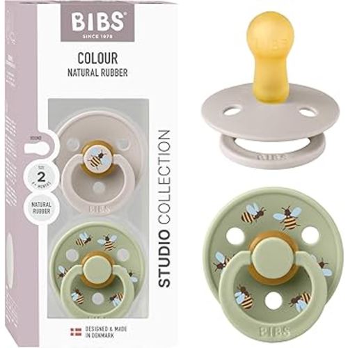 BIBS Studio Soother 2-Pack, BPA Free Dummy Pacifier, Round Nipple. Natural Rubber Latex, Made in Denmark, Size 2 (6-18 Months), Mushroom/Sage