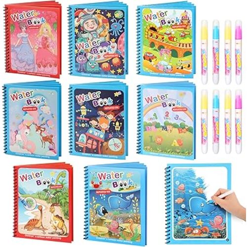 8 Pack Reusable Water Coloring Books for Toddlers, Paint with Water Books,Mess-Free Coloring Book, Portable Educational Doodle Drawing Toy, Improving Children's Imagination, Color Perception