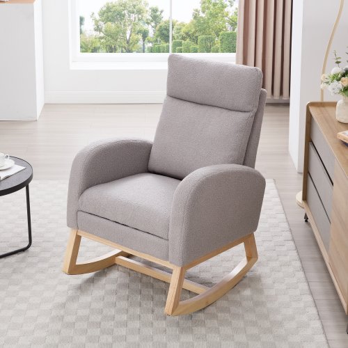 Teddy Fabric Leisure Rocking Chair,Nursery Rocking Chair With Adjustable Footstool,Thickened Headrest And High Backrest