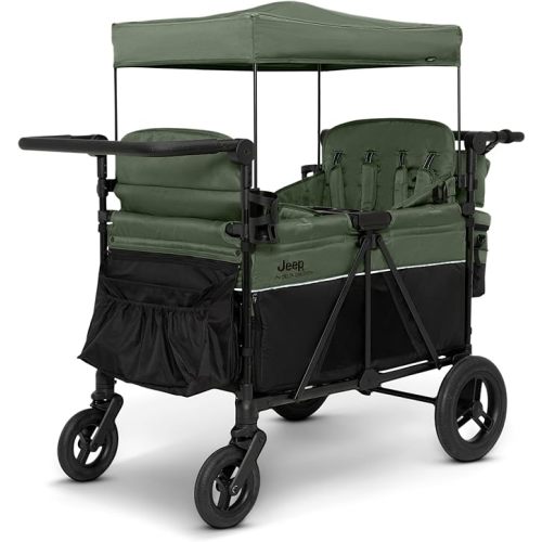Delta Children - Jeep Wrangler Deluxe 4 Seater Stroller Wagon - Premium Quad Stroller Wagon for 4 Kids with Convertible Seats, Adjustable Push/Pull Handles, Removable Canopy & Flat Fold, Black/Green