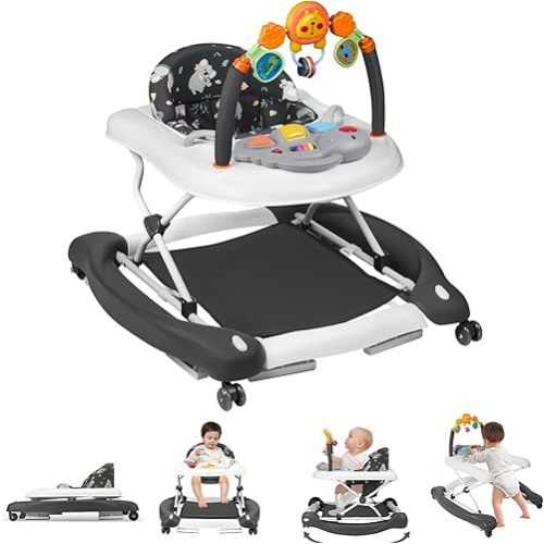 Baby Walker, 5 in 1 Baby Walkers for Boys Girls 6-12 Months, Foldable Walkers for Babies with Bouncer & Feeding Tray, Music, Adjustable Heights, Activity Walker for Infant