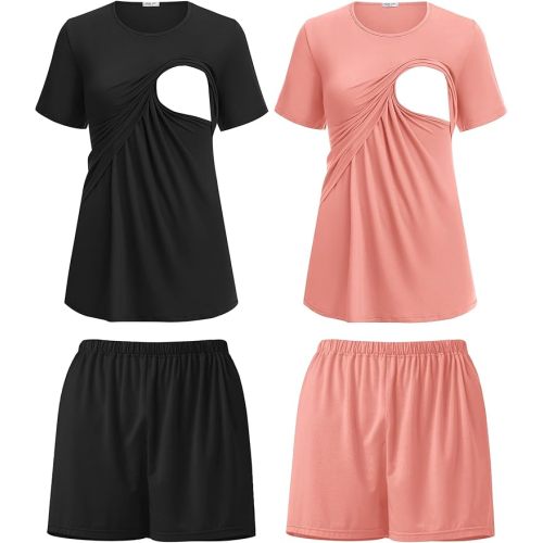 Ekouaer 2 Pack Women's Nursing Pajamas Set Double Layer Maternity Pjs Postpartum Loungewear Set Breastfeeding Tops & Shorts