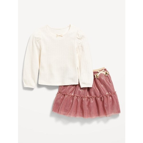 Long-Sleeve Pointelle Top and Tutu Skirt Set for Toddler Girls