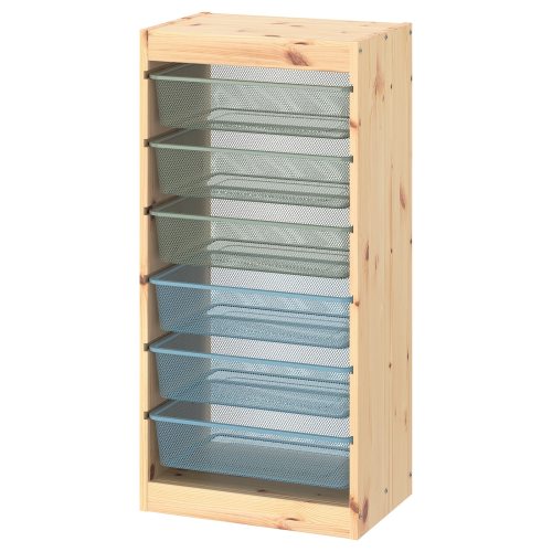 TROFAST Storage combination with boxes - light white stained pine green-gray/gray-blue 17 3/8x11 3/4x35 7/8 "