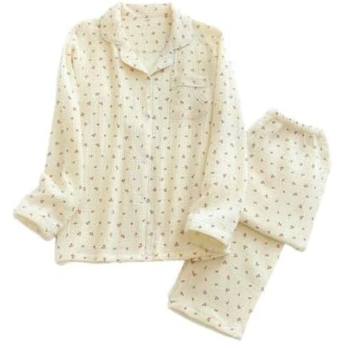 Womens Cotton Gauze Pajama Set Long Sleeve Button Up Shirt and Pants 2 Piece Cute Printed Pj Set