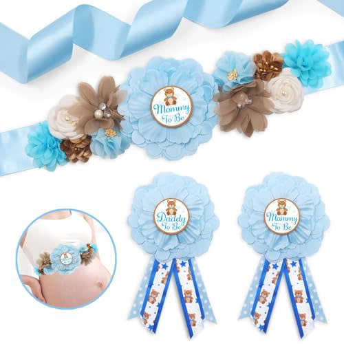 Vansolinne Blue Teddy Bear Maternity Sash Mom to Be & Daddy to Be Corsage Pin Set for Bear Baby Shower Maternity Photography Keepsake Gifts Pregnancy Flower Belly Band Gender Reveal Souvenir Supplies
