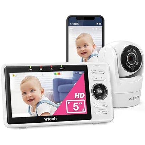 VTech VM901 Smart WiFi Baby Monitor with 1080p FHD Camera and 5" HD IPS Display, Free App, Remote Pan Tilt Zoom, Night Vision, Motion Detection Alerts