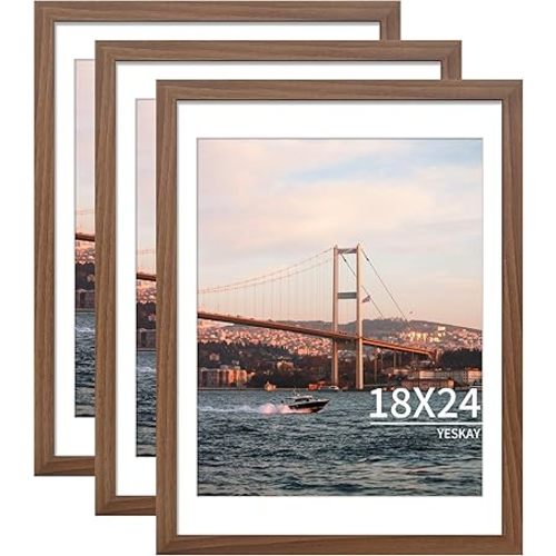 YESKAY 18x24 Picture Frame Brown Set of 3, Display Pictures 16x20 with Mat or 18 x 24 Without Mat, Poster Frames 18x24 for Wall Hanging Horizontal and Vertical
