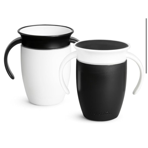 Munchkin Sippy Cup for 6 Month Old and Up, Spill Proof Miracle 360 Toddler Cups with Transition Handles, 7 Ounce, 2 Pack, Black/White