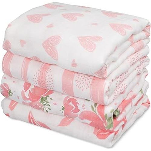 GLLQUEN BABY Muslin Swaddle Blankets 4-Pack Breathable Receiving Blankets (35" x 40") Soft Baby Blankets for Girls and Boys Newborn Essentials Muslin Burp Cloths Swaddle Wrap Baby Gift (Flower)