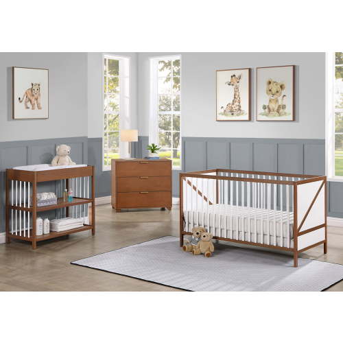 Suite Bebe Pixie Zen 3-in-1 Convertible Baby Wooden Crib With Round Spindles, in Walnut/White