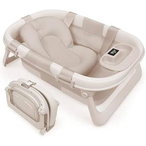 Jool Baby Foldable Baby Bathtub – Portable for Travel – Thermometer (Oat)