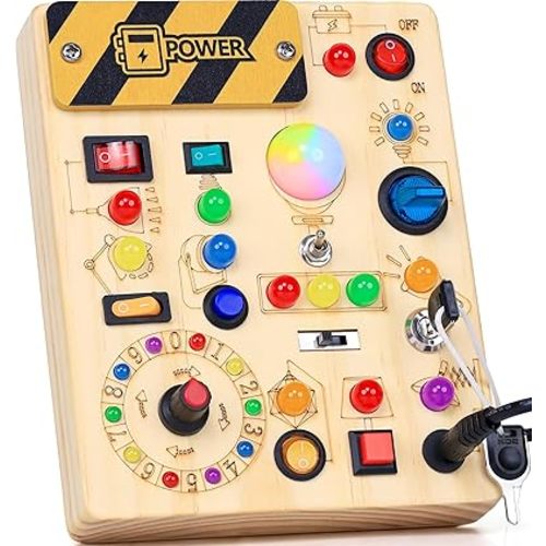 RichBoy Busy Board for 1-3 Year Old, 37 in 1 LED Light Up Wooden Sensory Montessori Switch Board Toy for Toddlers Travel Gift (6.7" x 5.3")