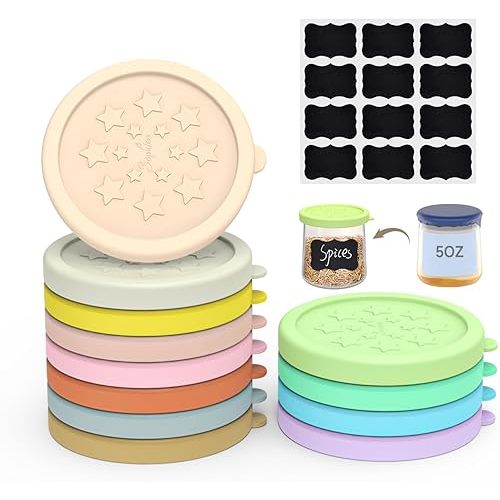 Sophico Oui Yogurt Jar Lids Silicone, 12 Pack Leak Proof Covers Fit For 5oz Oui Glass Jar with Bottle Labels, Airtight, Dishwasher Safe & BPA Free (Container Not Included)