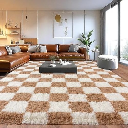 Area Rugs for Living Room, Checkered Shaggy Carpet Non-Slip Fuzzy Rug 6x9ft