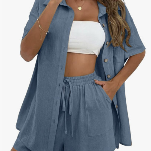 QIBABU Women's Linen Shorts Sets 2 Piece Summer Short Sleeve Top and Shorts Sweatsuit Set Vacation Beach Outfits