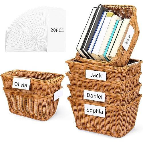 Rattan Classroom Storage Baskets, 6 Pack 11.8 x 7.9 x 5.9 Inches Boho Rectangular Organizing Woven Storage Basket Set with Removable Write Tags for School Office Teacher Book Organization