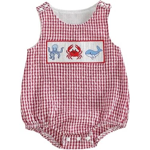 Baby Boy Smocked Bubble Romper Crawfish Sailboat Beach Outfit Sleeveless Bodysuit Newborn Infant Overalls Clothes