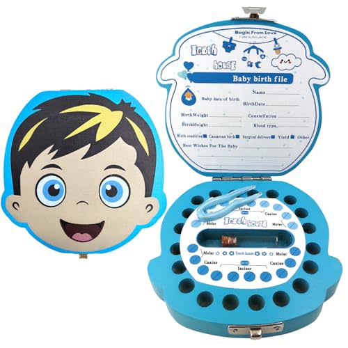 PAMBO Baby Tooth Fairy Box, First Tooth Keepsake Box for Kids - Wooden Tooth Holder & Storage Gift Box for Boys