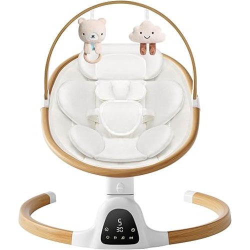 Baby Swings for Infants, Electric Infant Swing with 5 Speed Modes, 5-Point Harness, 3 Timer Settings, Built-in Lullabies & Bluetooth, Portable Modern Swing for Indoor & Outdoor (White)