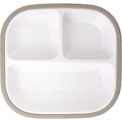 BABELIO 8'' Toddler Porcelain Plates with Silicone Suction Sleeves, Lead & BPA Free, Divided, Microwave & Dishwasher Safe, Stay Put, Suitable for Kids/Babies, Silver Gray