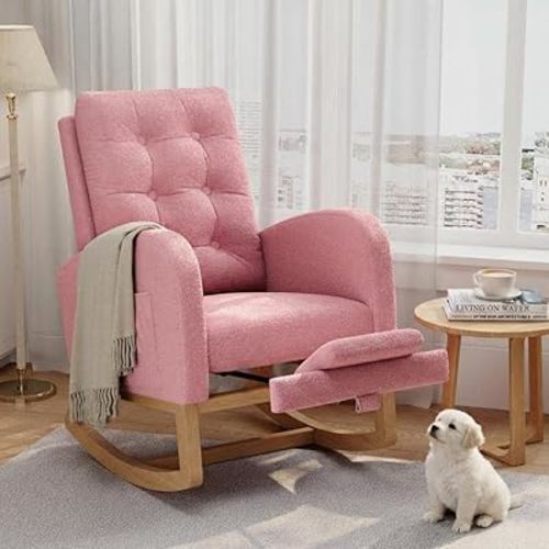 GAOMON Modern Rocking Chair for Living Room, Comfortable Recliner Rocker with Side Pocket, Soft Linen Upholstered Glider Chair for Bedroom, Nursery, Lounge-Pink