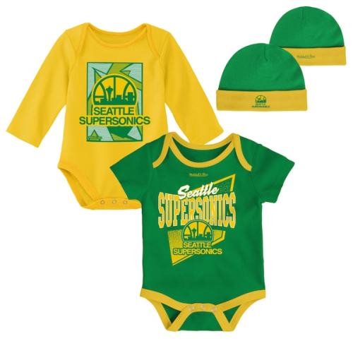 Newborn & Infant Seattle SuperSonics Mitchell & Ness Green/Gold 3-Piece Hardwood Classics Bodysuits & Cuffed Knit Hat Set