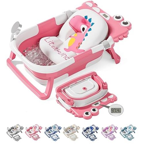 TPN Collapsible Baby Bathtub, Baby Bath Tub with Soft Cushion & Real-Time Thermometer, Baby Bathtub Infant to Toddler Tub (0-36 Months), Portable Newborn Travel Bath Tub