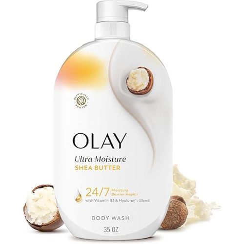 Olay Body Wash for Women, Ultra Moisture, 24/7 Moisture Barrier Repair, Hydrating Formula for Visibly Healthy Soft Skin, Vitamin B3 & Hyaluronic Blend, For All Skin Types, Shea Butter Scent, 35 fl oz