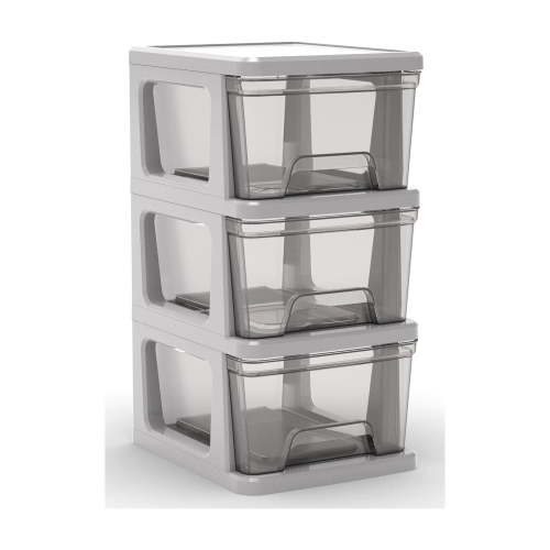 Starplast 3-Drawer Organization Tower Medium Storage Cart, Silver Plastic