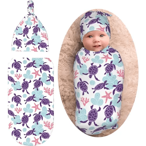 Sea Turtle Ocean Coastal Newborn Swaddle Blankets Baby Stuff Soft Swaddle Sack Swaddling Blanket with Beanie Sets Gifts For Infant Boys Girls