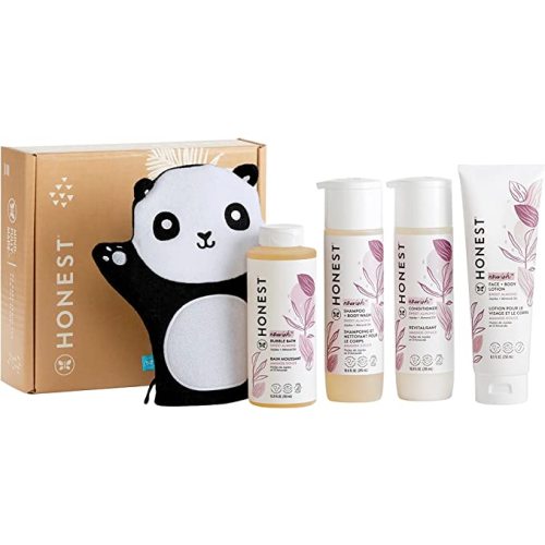 The Honest Company Sweet Almond Bathtime Essentials Bundle | Shampoo + Body Wash, Conditioner, Face + Body Lotion, Bubble Bath, Panda Bath Mitt | Naturally Derived, Tear-Free, Hypoallergenic - Sweet Almond Nourish