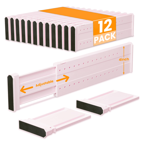 LLMRR 12 Pack Drawer Dividers, 4" High, 15-21" Adjustable Drawer Divider for clothes, Expandable Baby Dresser Organizer for Baby Clothes, Bedroom and Office Storage, 12 Pack, Pink