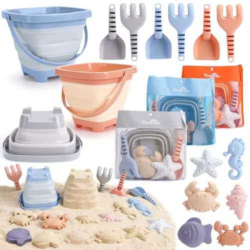 Dreamon 3 Pack Beach Toys Set for Kids 3-10, Collapsible Sand Buckets with Beach Molds and Mesh Bag, Sandbox Travel Toys Beach Vacation Essentials, Camping Gear, Fishing (Blue/Grey/Orange)