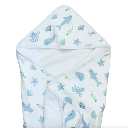 Bundled Baby, Oversized Baby Hooded Towel, Made out of Bamboo Muslin, Under the Sea, Ocean Baby Bath