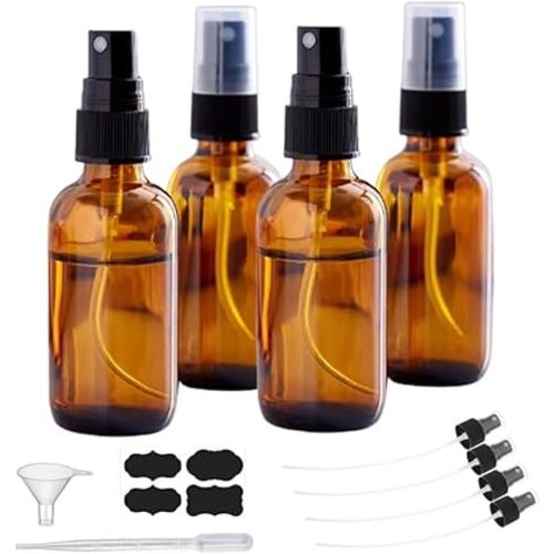 2oz Amber Glass Spray Bottles for Essential Oils, Hair, Skincare, Cleaning & Travel,4-Pack Small Empty Spray Bottle