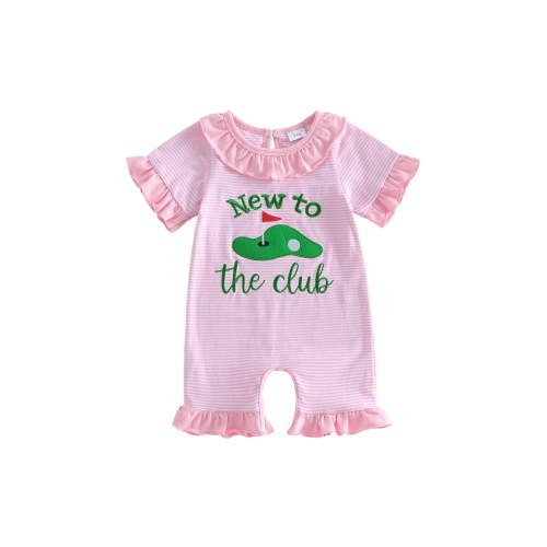 BemeyourBBs New to the Club Baby Girl Golf Outfit Newborn Baby Girl Hospital Going Home Outfit Summer Clothes Stripped Romper Casual Golf-themed Embroidered Ruffled Trim Short Sleeve Jumpsuit