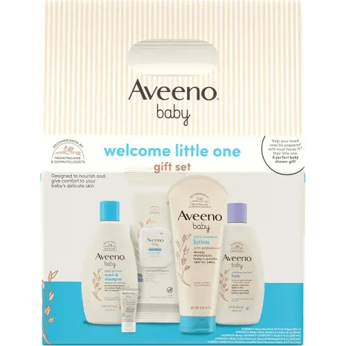 Aveeno Baby Welcome Little One Gift Set, Baby Essentials Set with Daily Moisture Wash and Shampoo, Calming Comfort Bath, Sensitive All Over Wipes, Body Lotion, & Healthy Start Balm, 5 Items