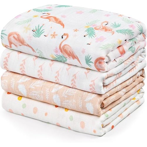 GLLQUEN BABY Muslin Swaddle Blankets 4-Pack Breathable Receiving Blankets (35" x 40") Soft Baby Blankets for Girls and Boys Newborn Essentials Muslin Burp Cloths Swaddle Wrap Baby Gift (Flower)
