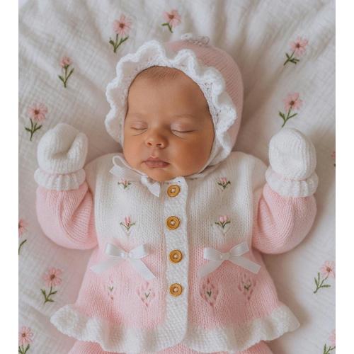 Hand-Knitted Baby Girl Coming Home Outfit – Newborn Knit Set with Cardigan, Hat, Booties & Mittens –  Baby Shower Gift