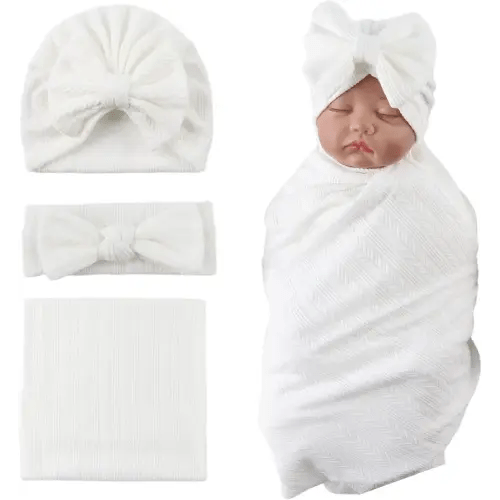 OMUKY Newborn Receiving Blanket Bow Headband and Beanie Set Baby Swaddle Receiving Blankets Baby Boy Girls Nursery Swaddle Wrap(White)