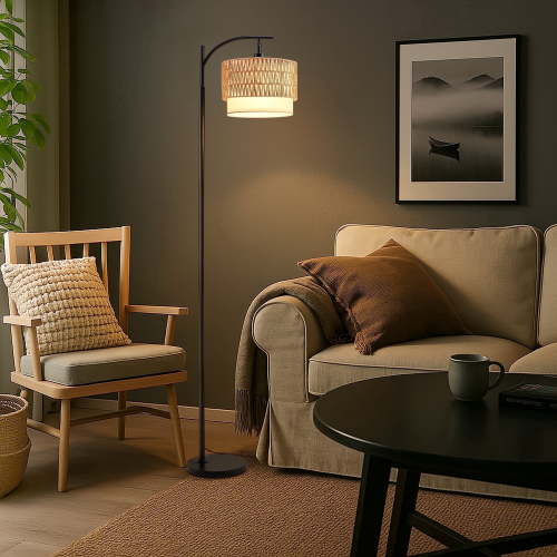 Joyfair Rustic Modern Farmhouse Floor Lamp, Rattan Adjustable Double Shade, 3-Color Bulb, Stable Base