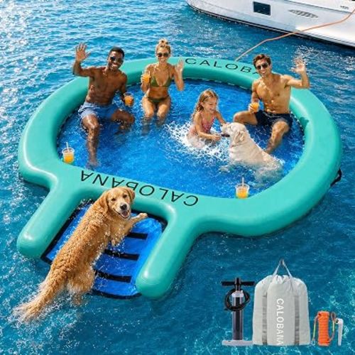 CALOBANA Water Hammock with Dog Boat Ramp, Inflatable Round Floating Ring for Adults Pets Heavy Duty Floating Dock Tanning Pool Lounger Float Island Platform for Pool Sea River Dock Boat Party