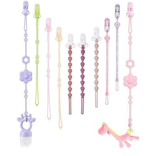 Pacifier Clips & Toy Straps 2-in-1 Combo: 10 Pack with Locking Clips | Extra Long Tethers for Stroller/Car Seat Toys + Short Leashes for Baby Pacifiers & Teethers | BPA Free Silicone (Multicolor 2)