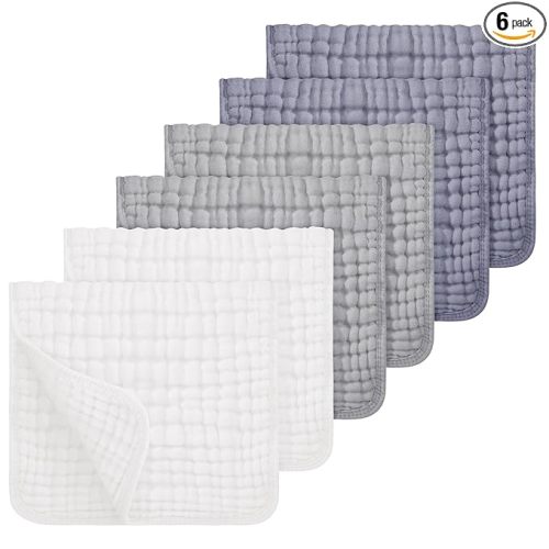 Looxii Muslin Burp Cloths 100% Cotton Muslin Cloths Large 20''x10'' Extra Soft and Absorbent 6 Pack Baby Burping Cloth for Boys and Girls White+Gray