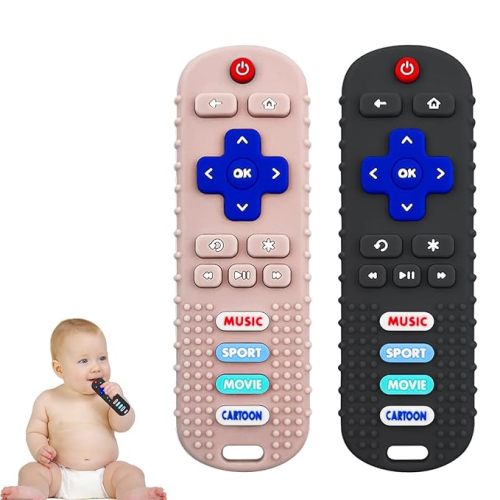 2PCS Baby Remote Control Toy, Soft Silicone Baby Remote Control Shape Teethers Toys for Babies 3 6 12 18 Month(Black + Blue)