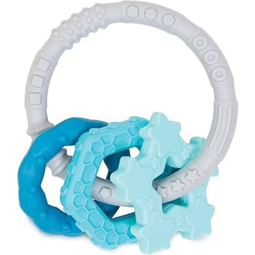 Bumkins Baby Teething Freezer Toy Keys Rings, Soft Flexible Pacifier to Chew, Cool Teether Gum Relief, Babies 3 Months, Freezable Platinum Silicone, Sensory Bracelet with Charms, Blue and Gray