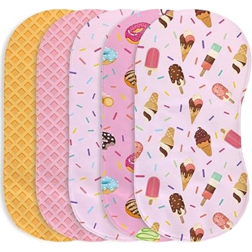 5 Pack Baby Burp Cloths for Girls, Soft Cotton, Pink Ice Cream Theme Design, Super Absorbent Baby Burping Cloths for Newborns, Machine Washable and Reusable Baby Spit-Up Cloths